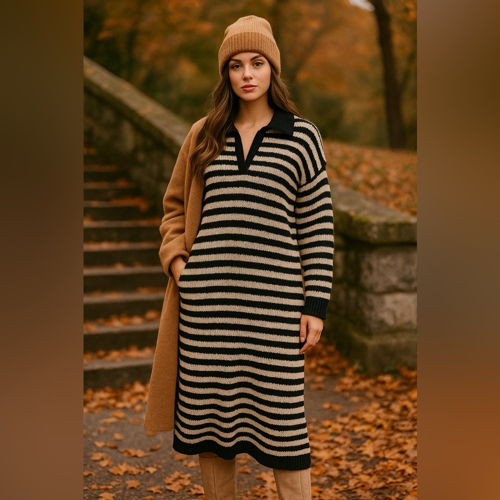 525 America Black and Cream Striped Long Sleeve Knit Dress